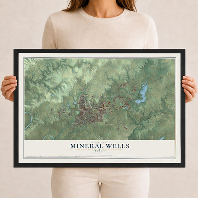 Map of Mineral Wells, Texas, 12 x 18 inch print in a black wood frame