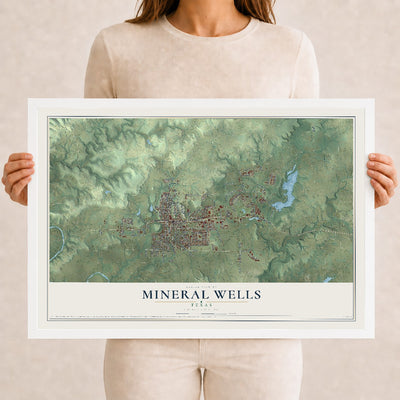 Map of Mineral Wells, Texas, 12 x 18 inch print in a white wood frame