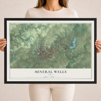 Map of Mineral Wells, Texas, 18 x 24 inch print in a black wood frame