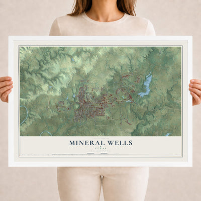 Map of Mineral Wells, Texas, 18 x 24 inch print in a white wood frame