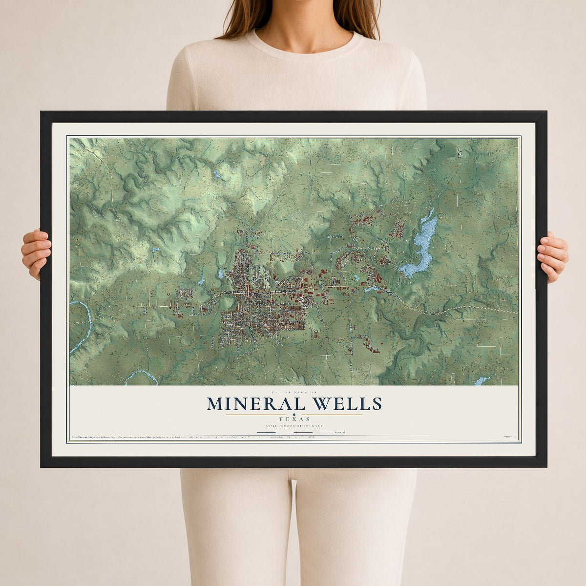 Map of Mineral Wells, Texas, 24 x 36 inch print in a black wood frame