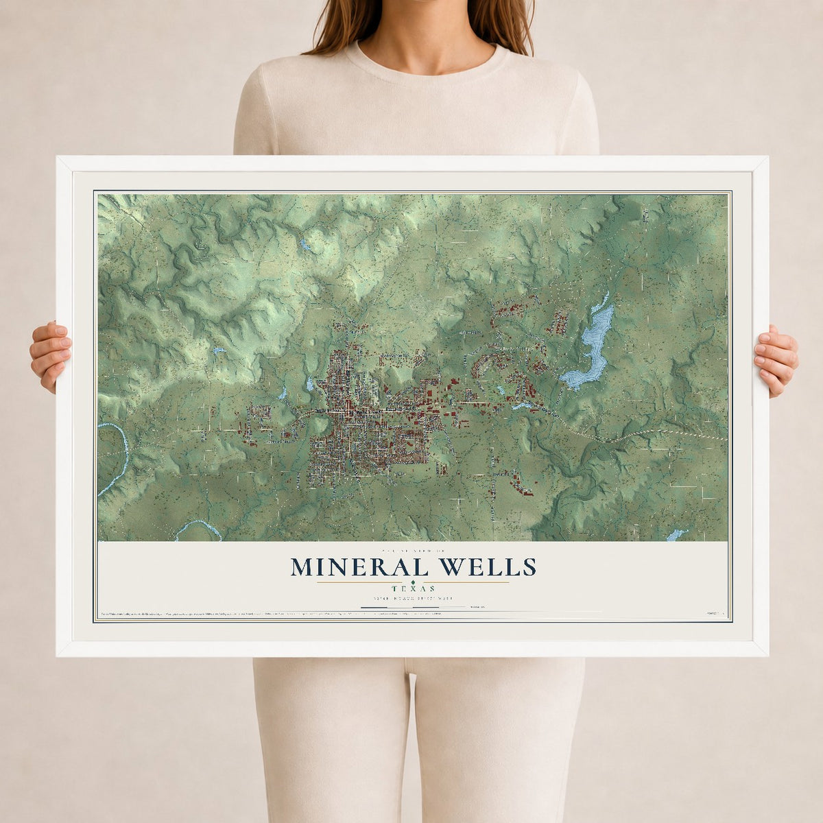 Map of Mineral Wells, Texas, 24 x 36 inch print in a white wood frame