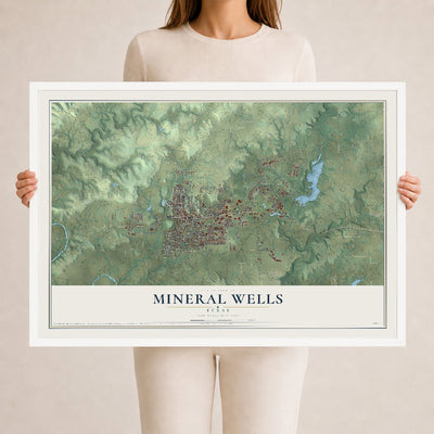 Map of Mineral Wells, Texas, 24 x 36 inch print in a white wood frame