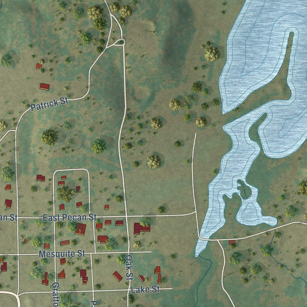 Close-up of the map of Mingus, Texas print showing street and building detail