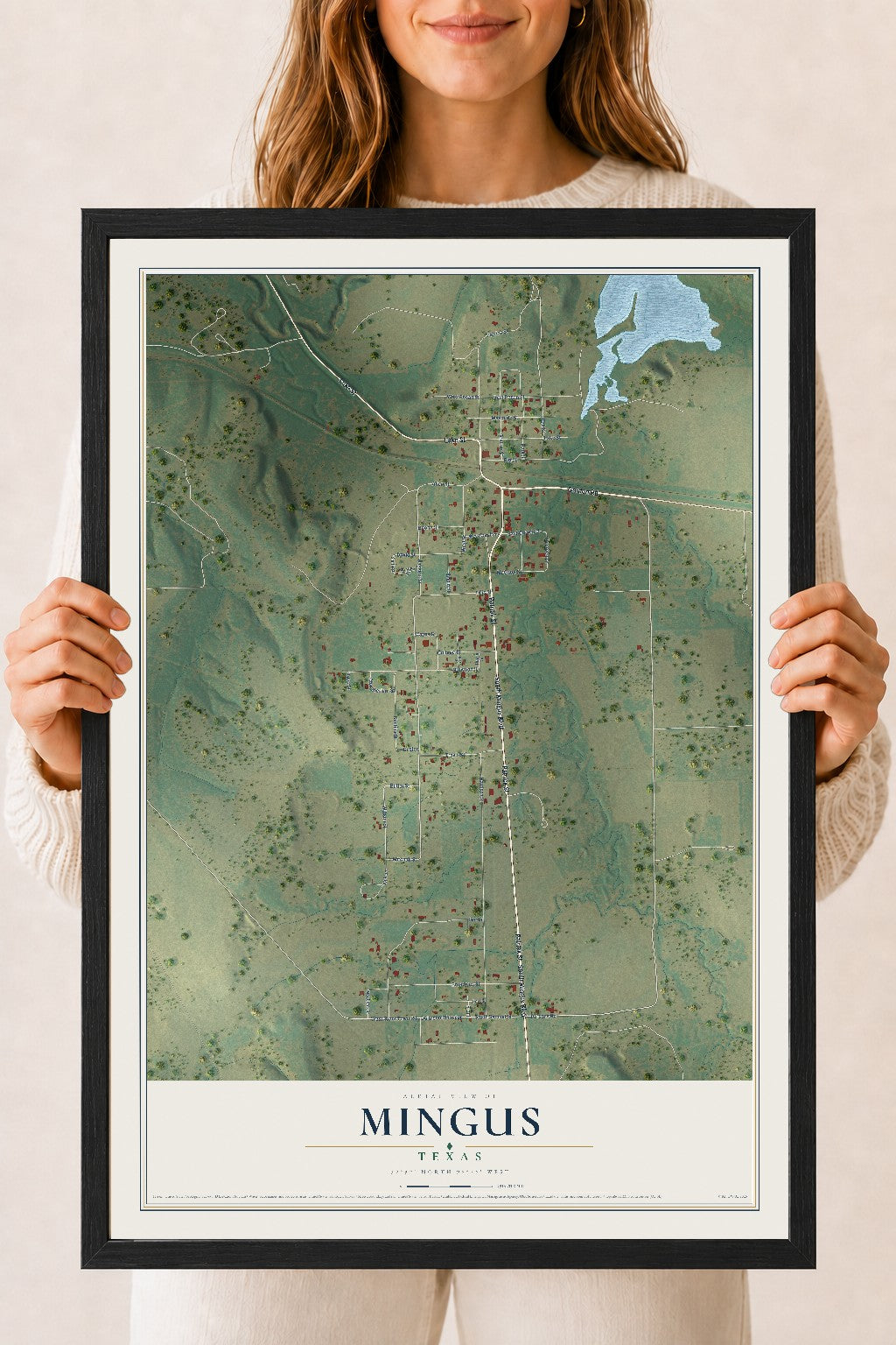 Map of Mingus, Texas, 18 x 24 inch print in a black wood frame