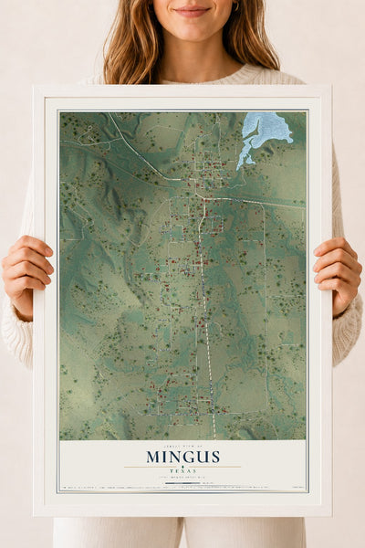 Map of Mingus, Texas, 18 x 24 inch print in a white wood frame
