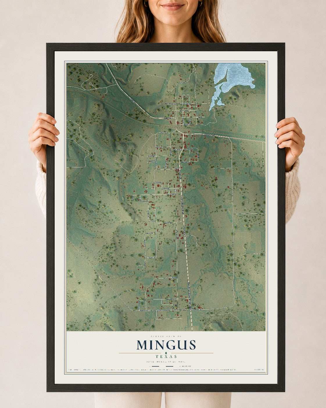 Map of Mingus, Texas, 24 x 36 inch print in a black wood frame