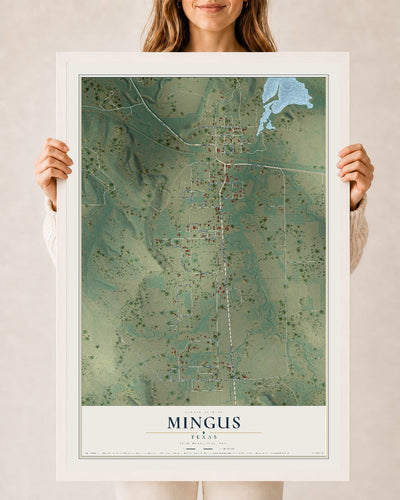 Map of Mingus, Texas, 24 x 36 inch print in a white wood frame