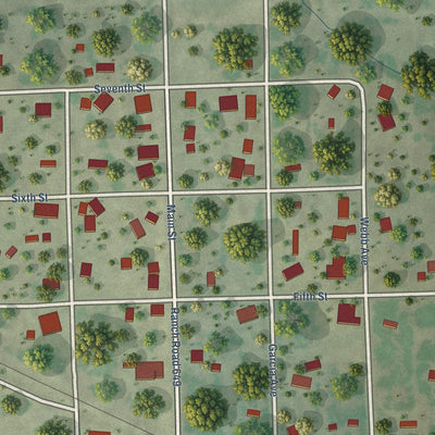 Close-up of the map of Mirando City, Texas print showing street and building detail