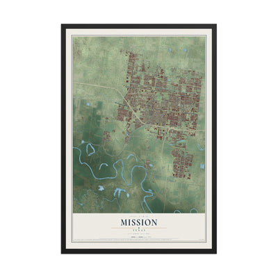 Map of Mission, Texas, 12 x 18 inch print in a black wood frame