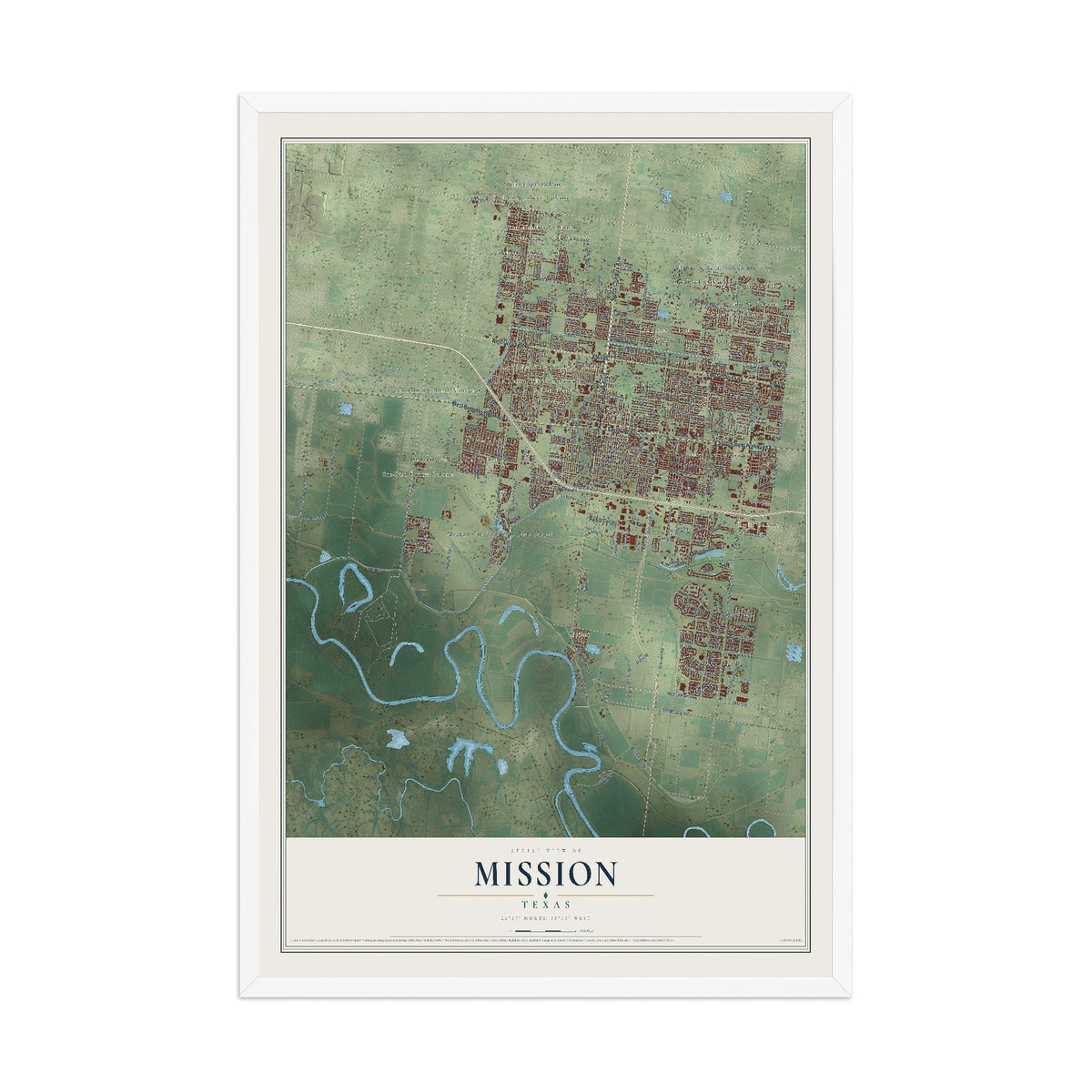 Map of Mission, Texas, 12 x 18 inch print in a white wood frame