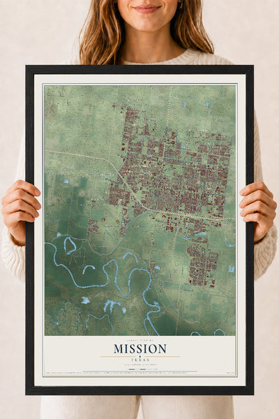 Map of Mission, Texas, 18 x 24 inch print in a black wood frame