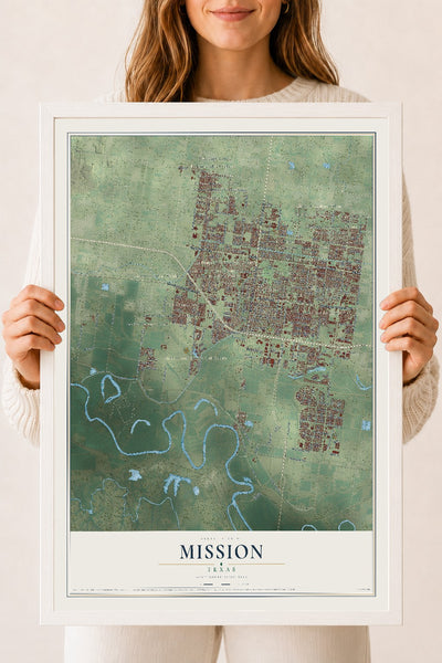 Map of Mission, Texas, 18 x 24 inch print in a white wood frame