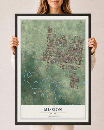 Map of Mission, Texas, 24 x 36 inch print in a black wood frame