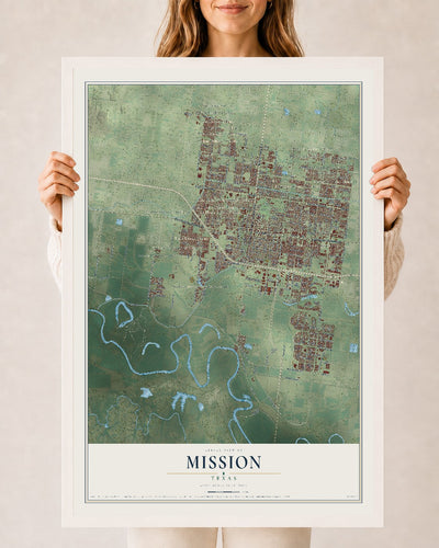 Map of Mission, Texas, 24 x 36 inch print in a white wood frame