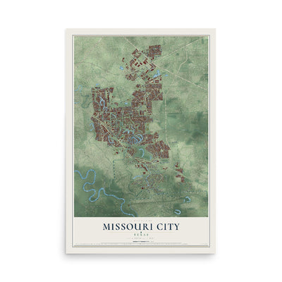 Map of Missouri City, Texas, 12 x 18 inch unframed archival matte print