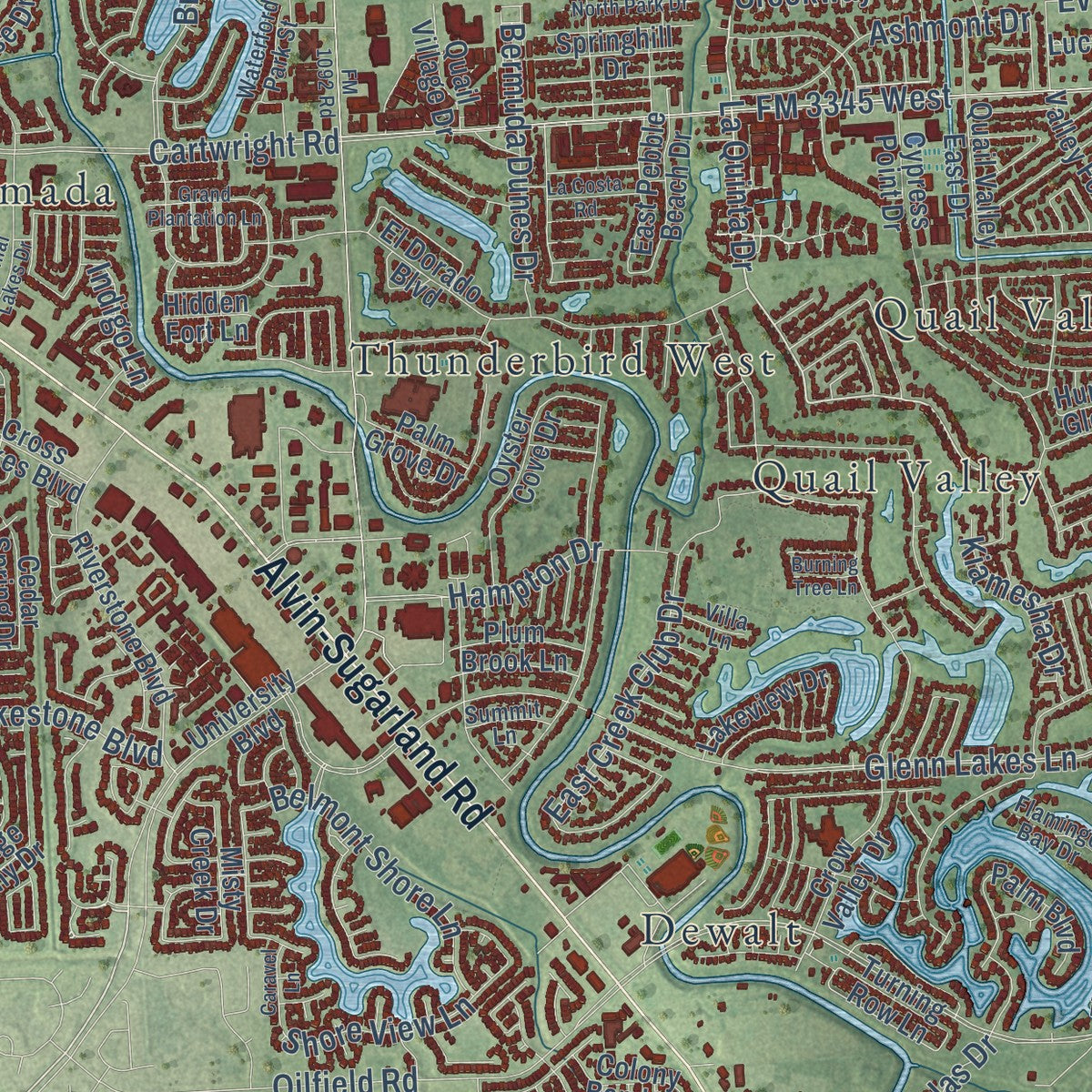 Close-up of the map of Missouri City, Texas print showing street and building detail