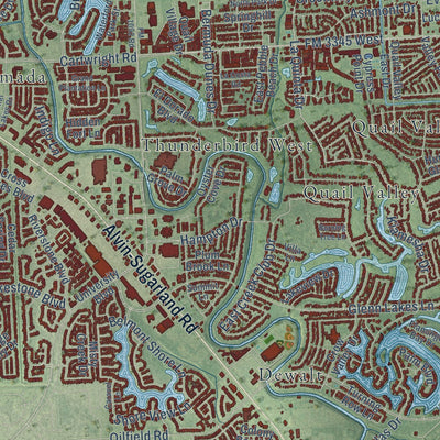 Close-up of the map of Missouri City, Texas print showing street and building detail