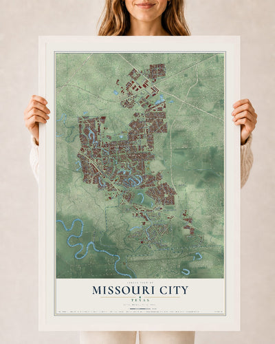 Map of Missouri City, Texas, 24 x 36 inch print in a white wood frame