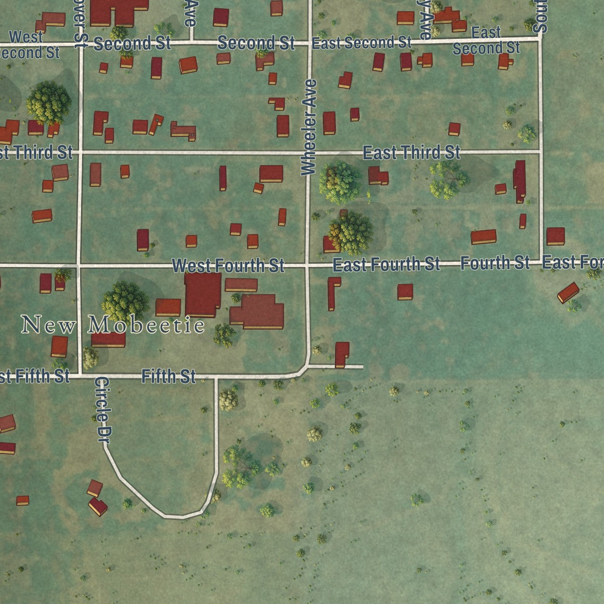 Close-up of the map of Mobeetie, Texas print showing street and building detail
