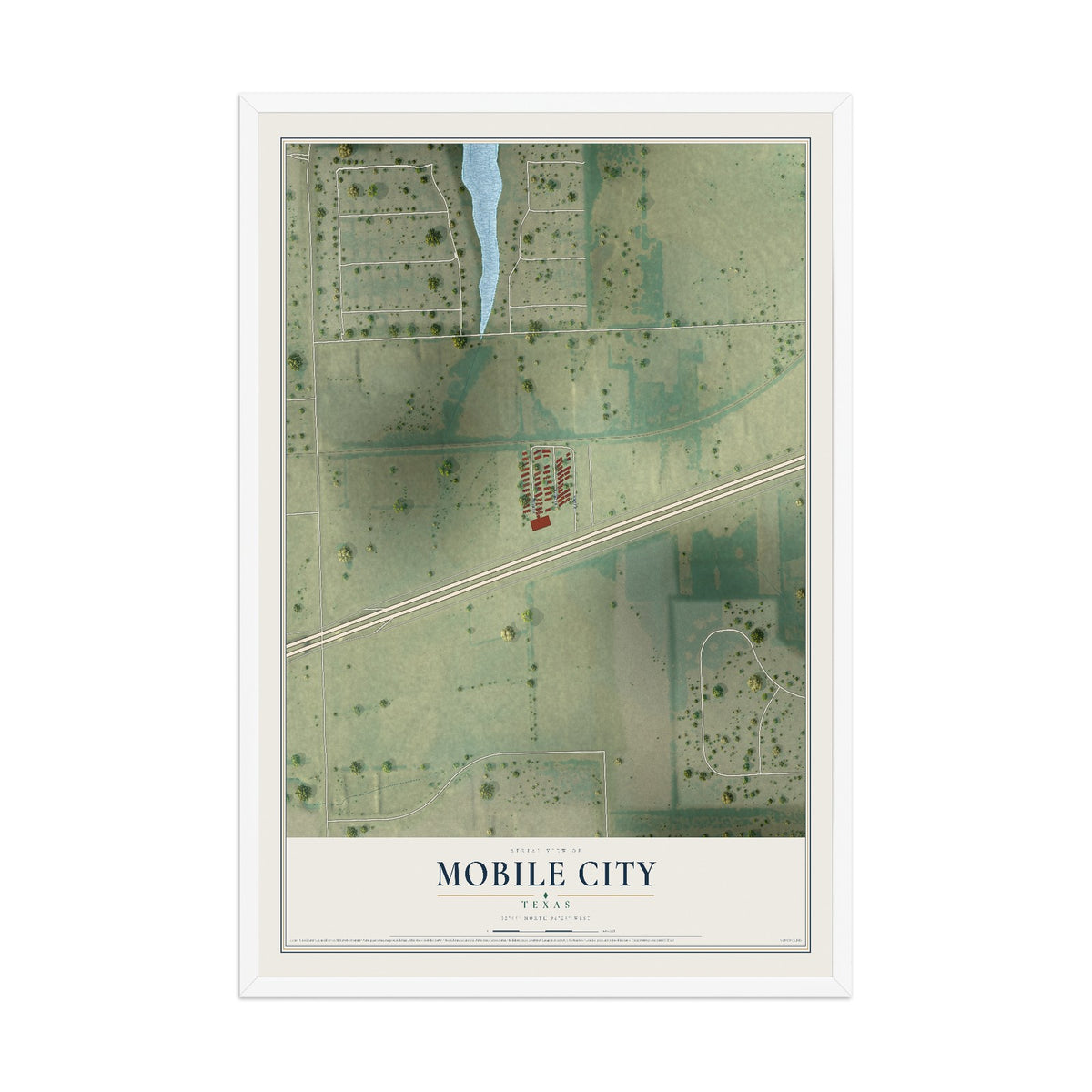 Map of Mobile City, Texas, 12 x 18 inch print in a white wood frame
