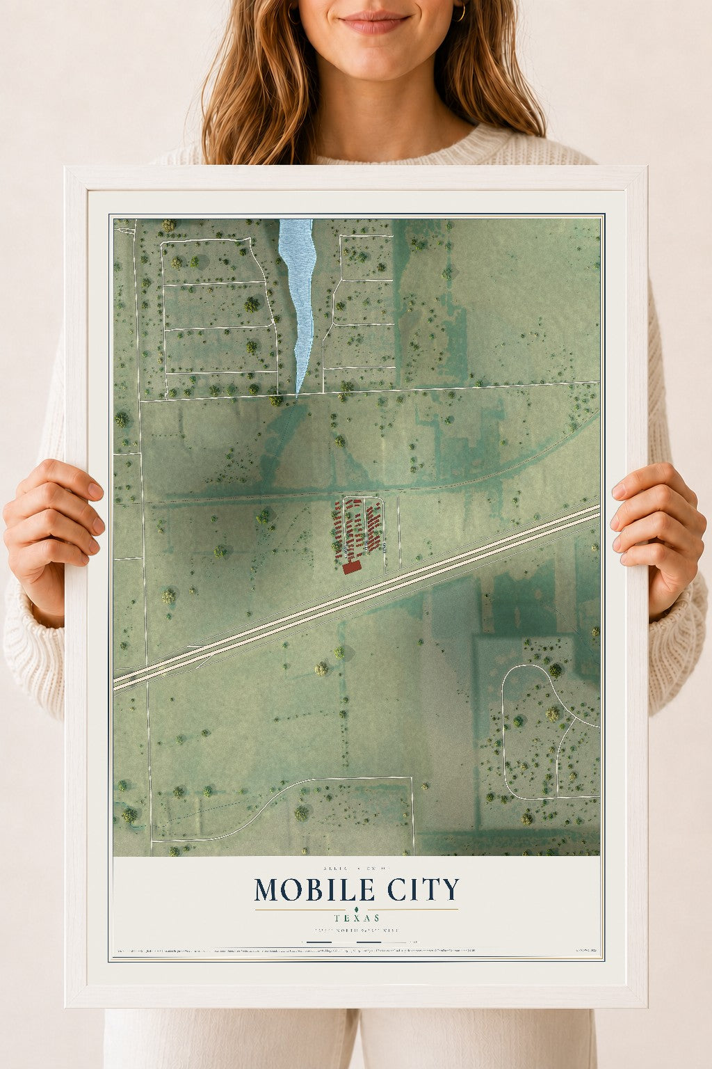 Map of Mobile City, Texas, 18 x 24 inch print in a white wood frame