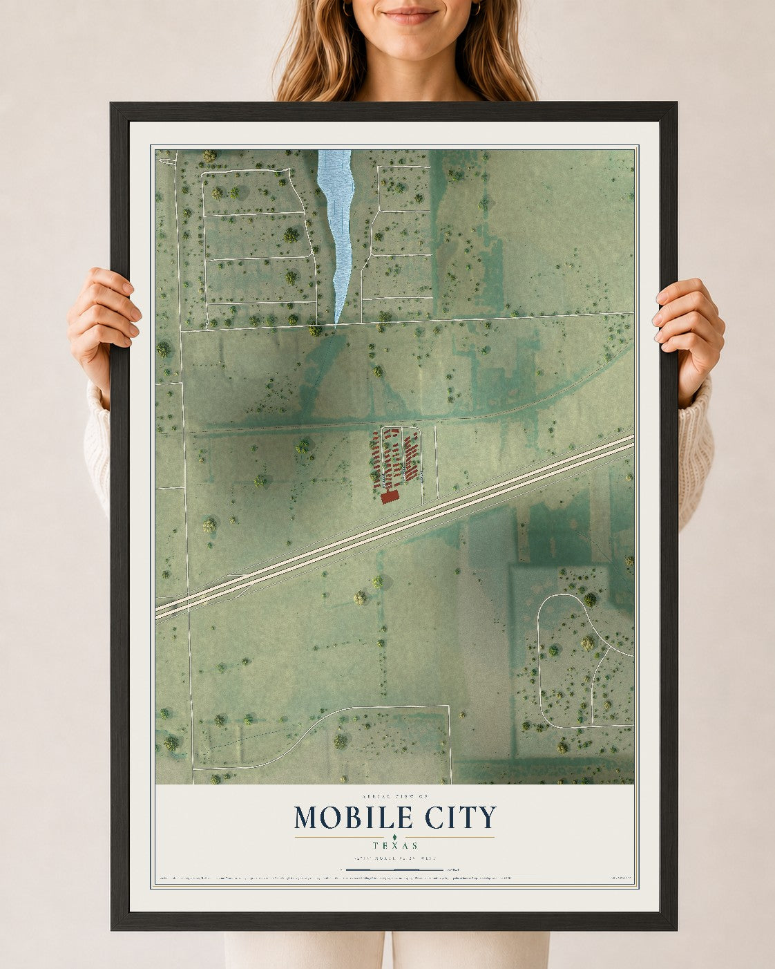 Map of Mobile City, Texas, 24 x 36 inch print in a black wood frame