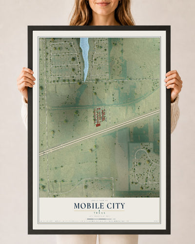 Map of Mobile City, Texas, 24 x 36 inch print in a black wood frame