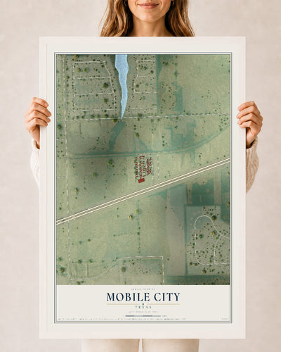 Map of Mobile City, Texas, 24 x 36 inch print in a white wood frame