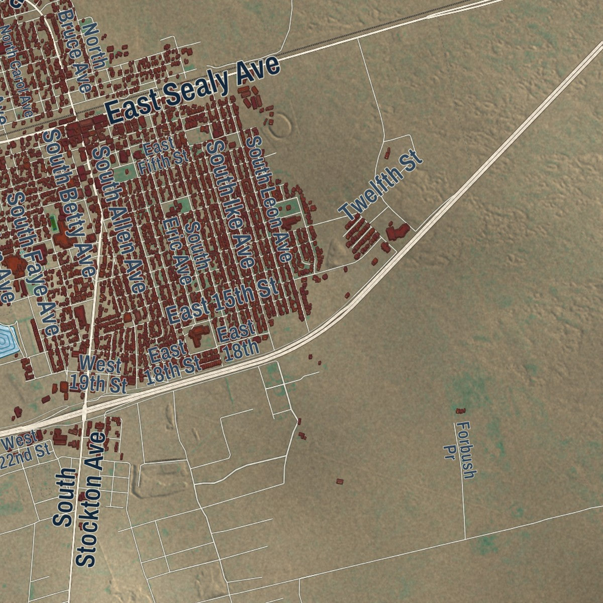 Close-up of the map of Monahans, Texas print showing street and building detail