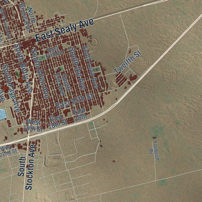 Close-up of the map of Monahans, Texas print showing street and building detail