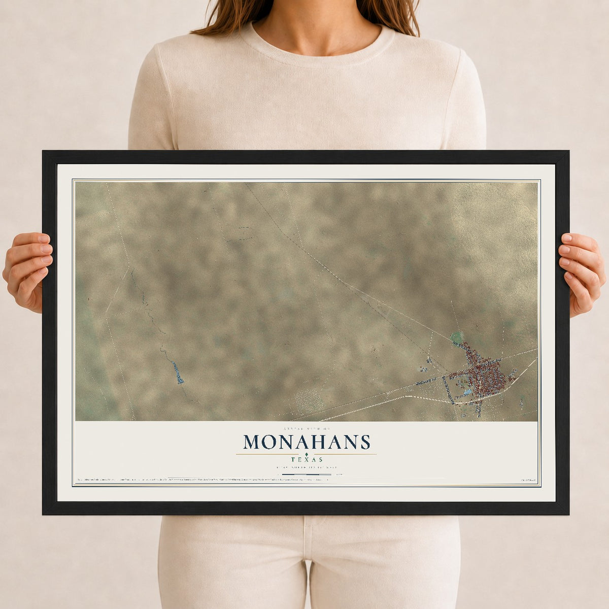 Map of Monahans, Texas, 12 x 18 inch print in a black wood frame