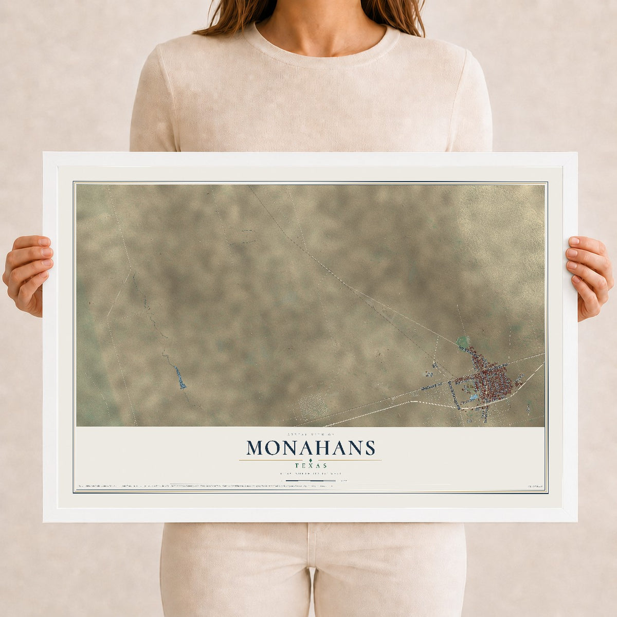 Map of Monahans, Texas, 12 x 18 inch print in a white wood frame