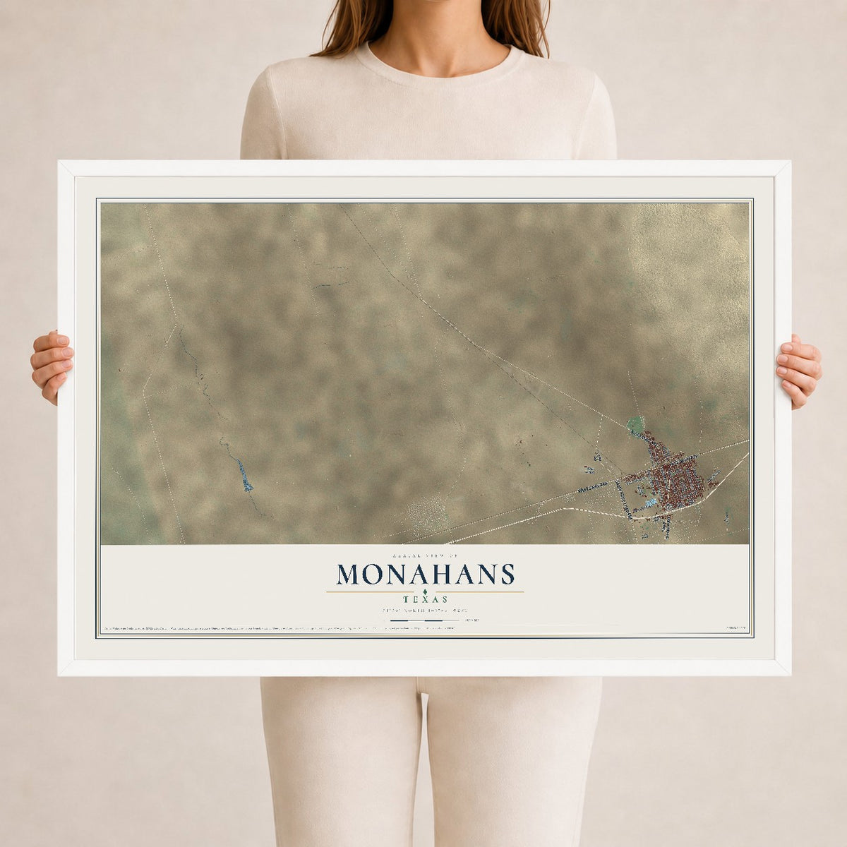 Map of Monahans, Texas, 24 x 36 inch print in a white wood frame