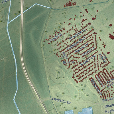 Close-up of the map of Mont Belvieu, Texas print showing street and building detail