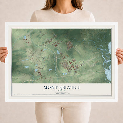 Map of Mont Belvieu, Texas, 18 x 24 inch print in a white wood frame
