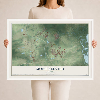 Map of Mont Belvieu, Texas, 24 x 36 inch print in a white wood frame