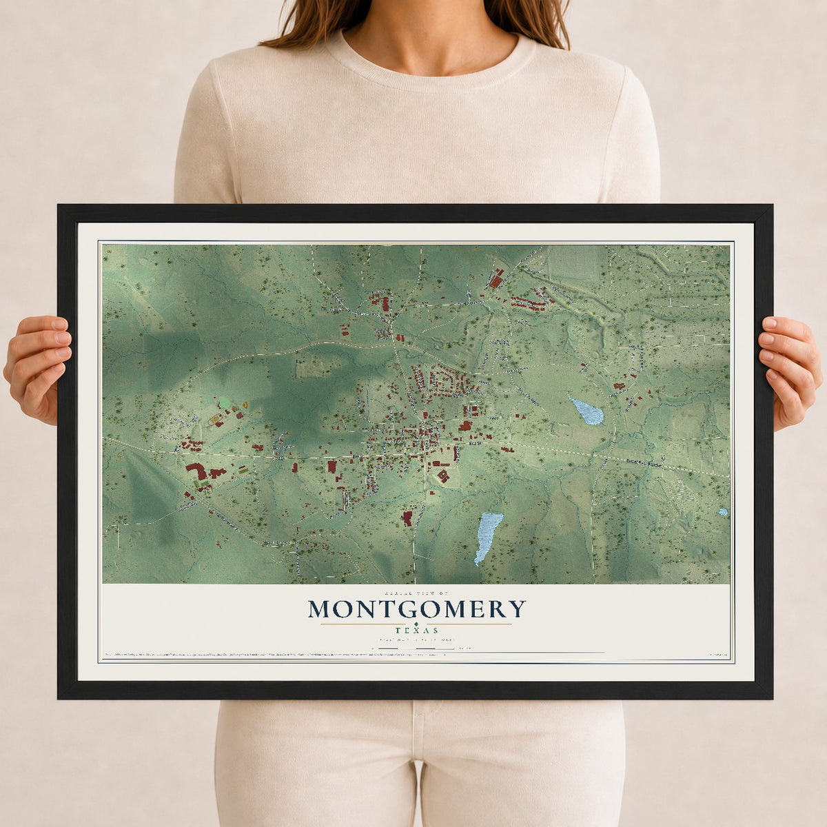 Map of Montgomery, Texas, 12 x 18 inch print in a black wood frame