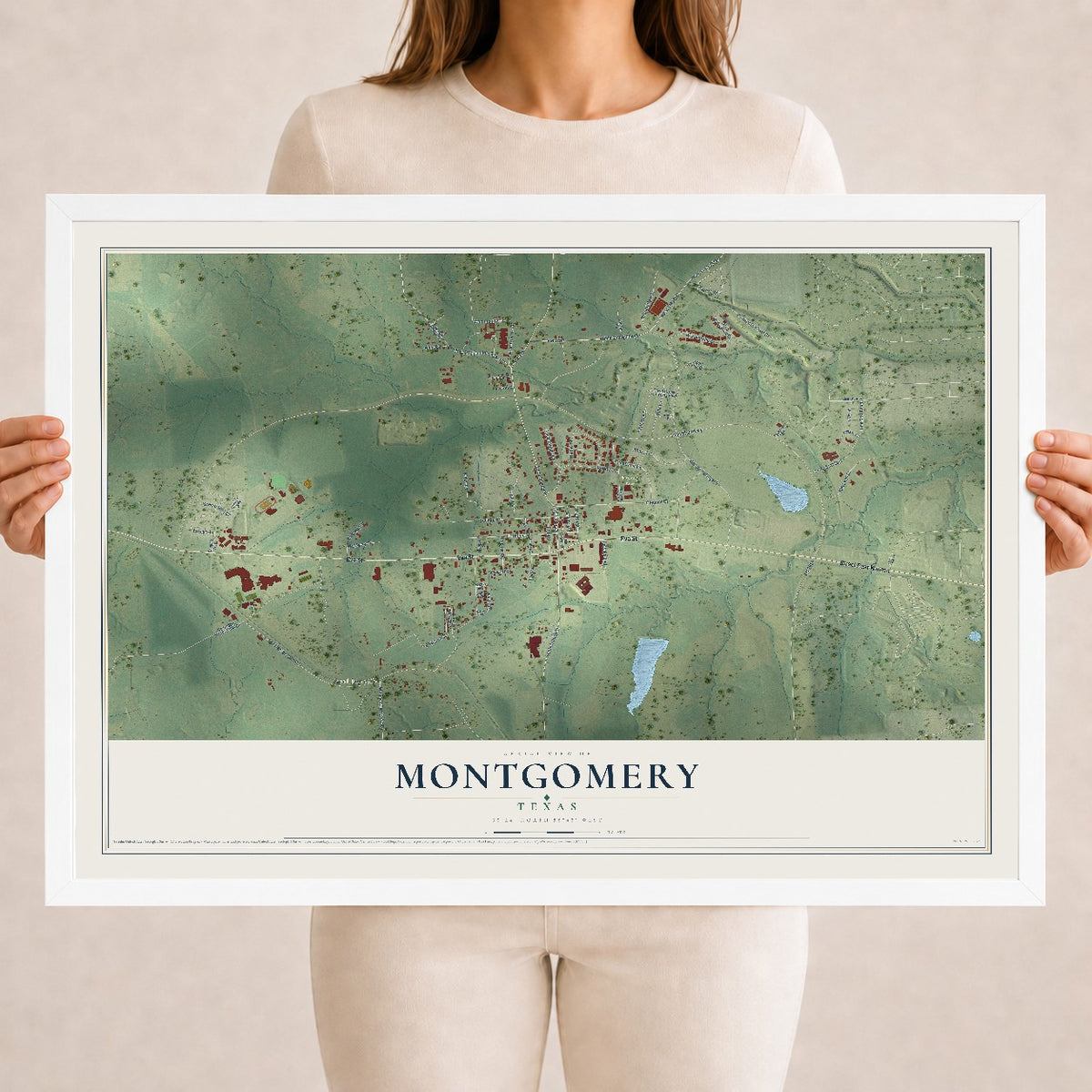 Map of Montgomery, Texas, 18 x 24 inch print in a white wood frame
