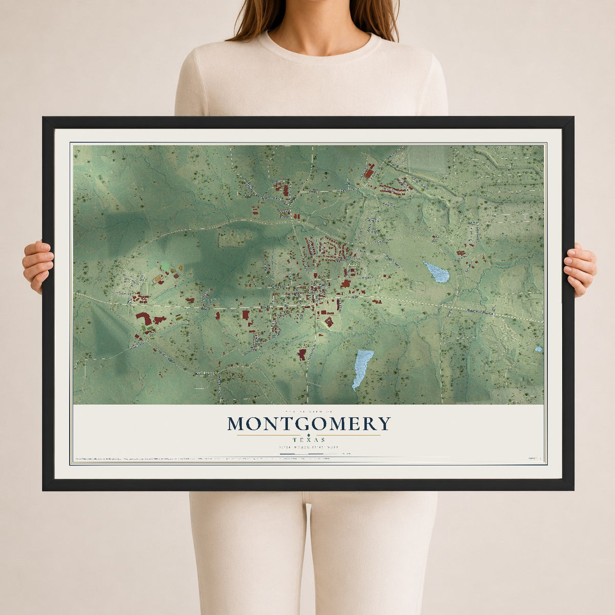 Map of Montgomery, Texas, 24 x 36 inch print in a black wood frame