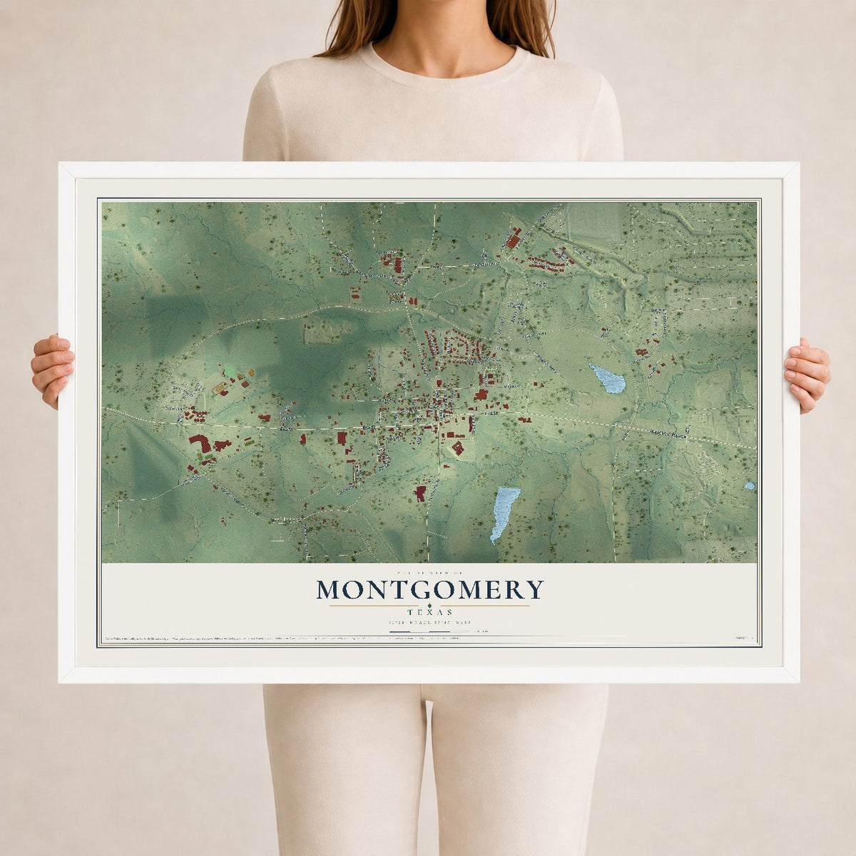 Map of Montgomery, Texas, 24 x 36 inch print in a white wood frame
