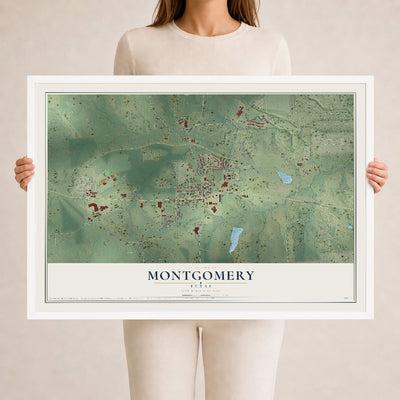 Map of Montgomery, Texas, 24 x 36 inch print in a white wood frame
