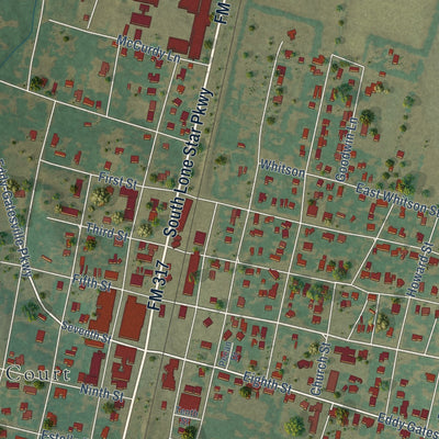 Close-up of the map of Moody, Texas print showing street and building detail