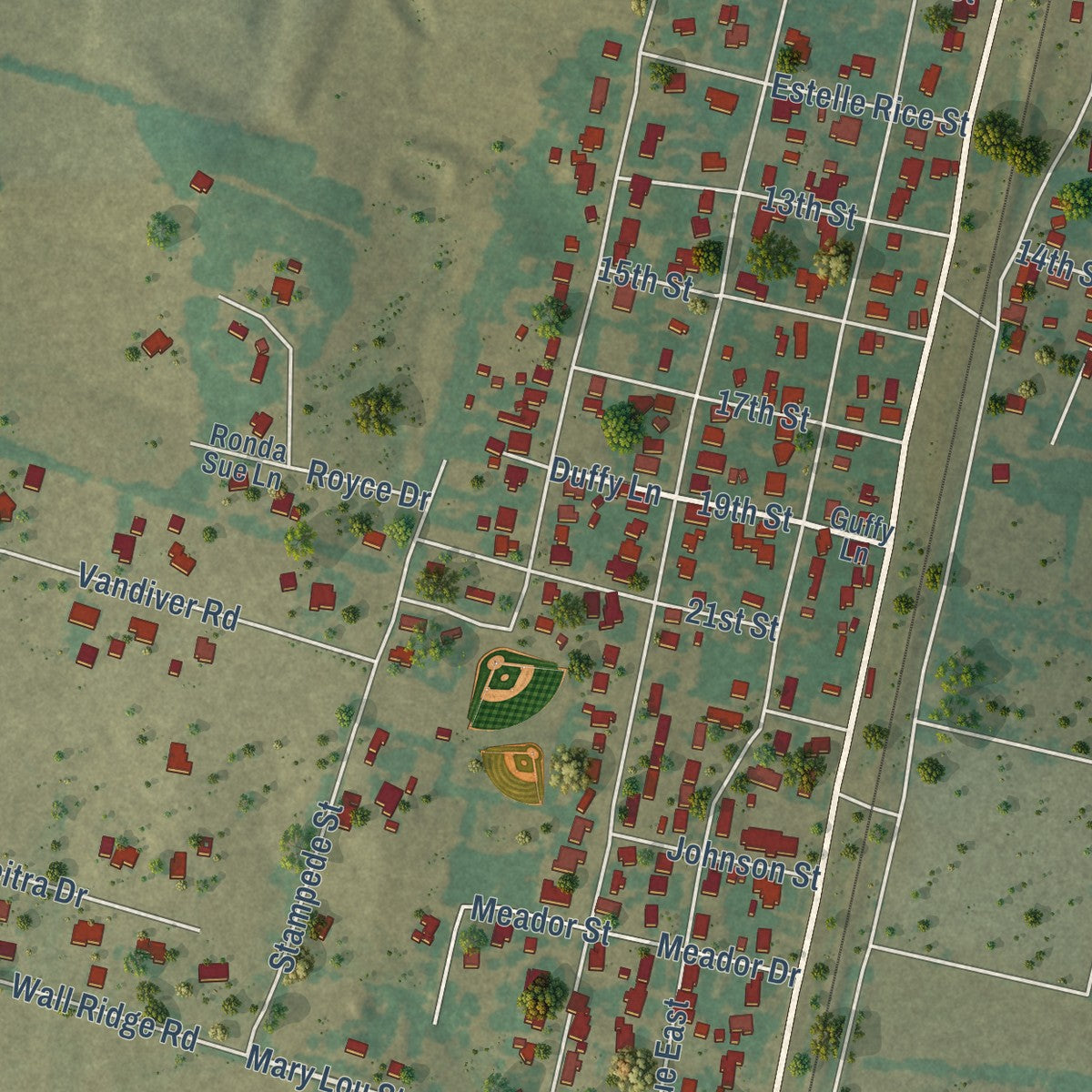 Second close-up of the map of Moody, Texas print showing more streets and buildings