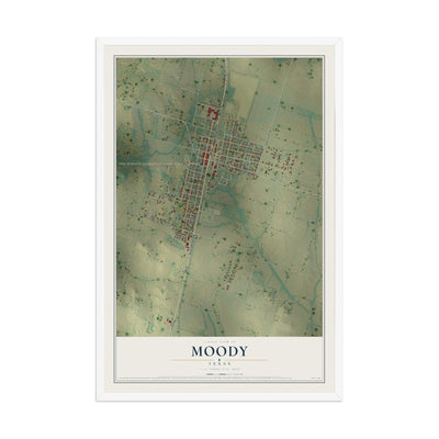Map of Moody, Texas, 12 x 18 inch print in a white wood frame