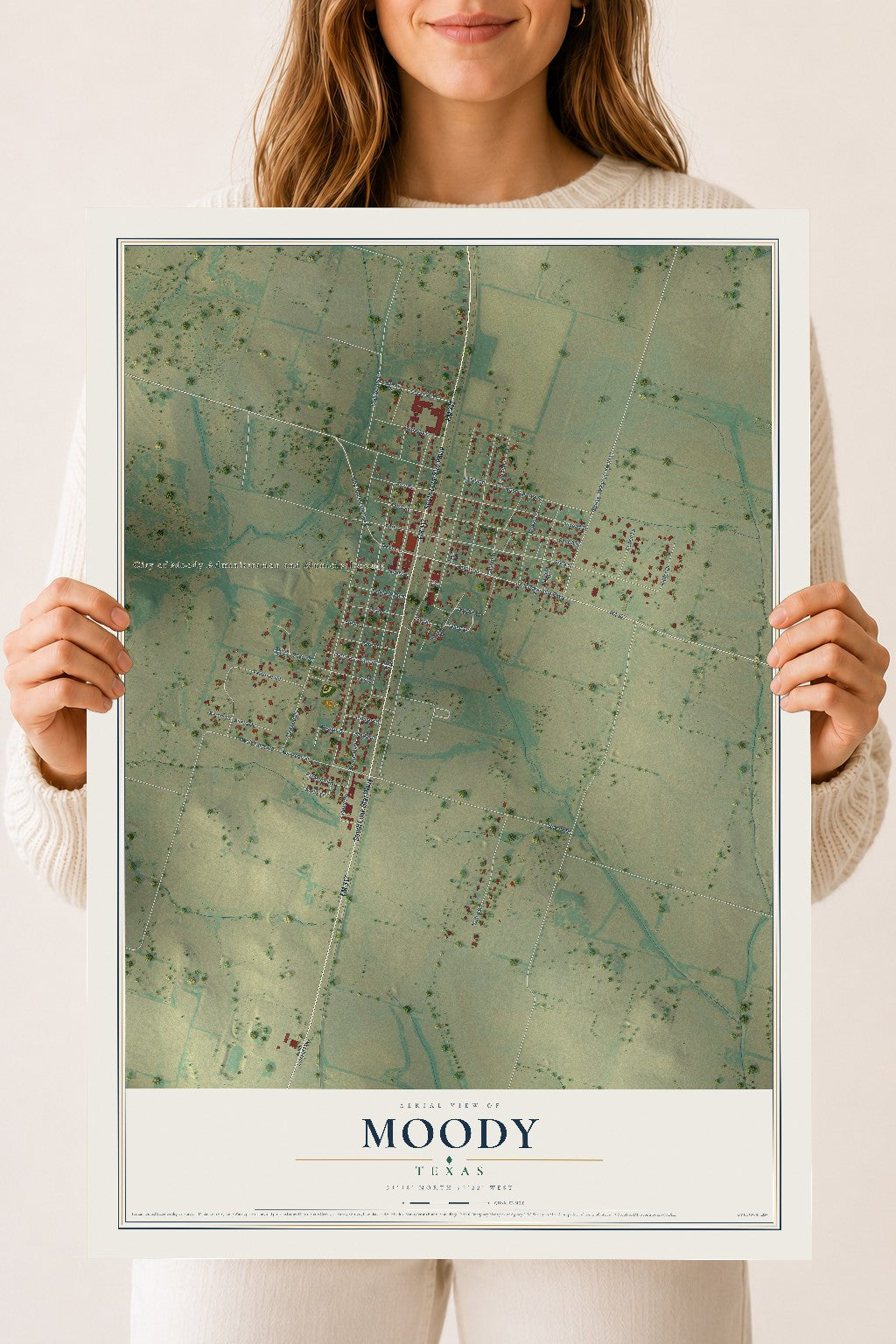 Map of Moody, Texas, 18 x 24 inch unframed archival matte print