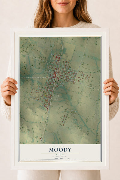 Map of Moody, Texas, 18 x 24 inch print in a white wood frame