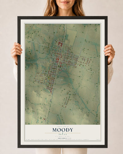 Map of Moody, Texas, 24 x 36 inch print in a black wood frame