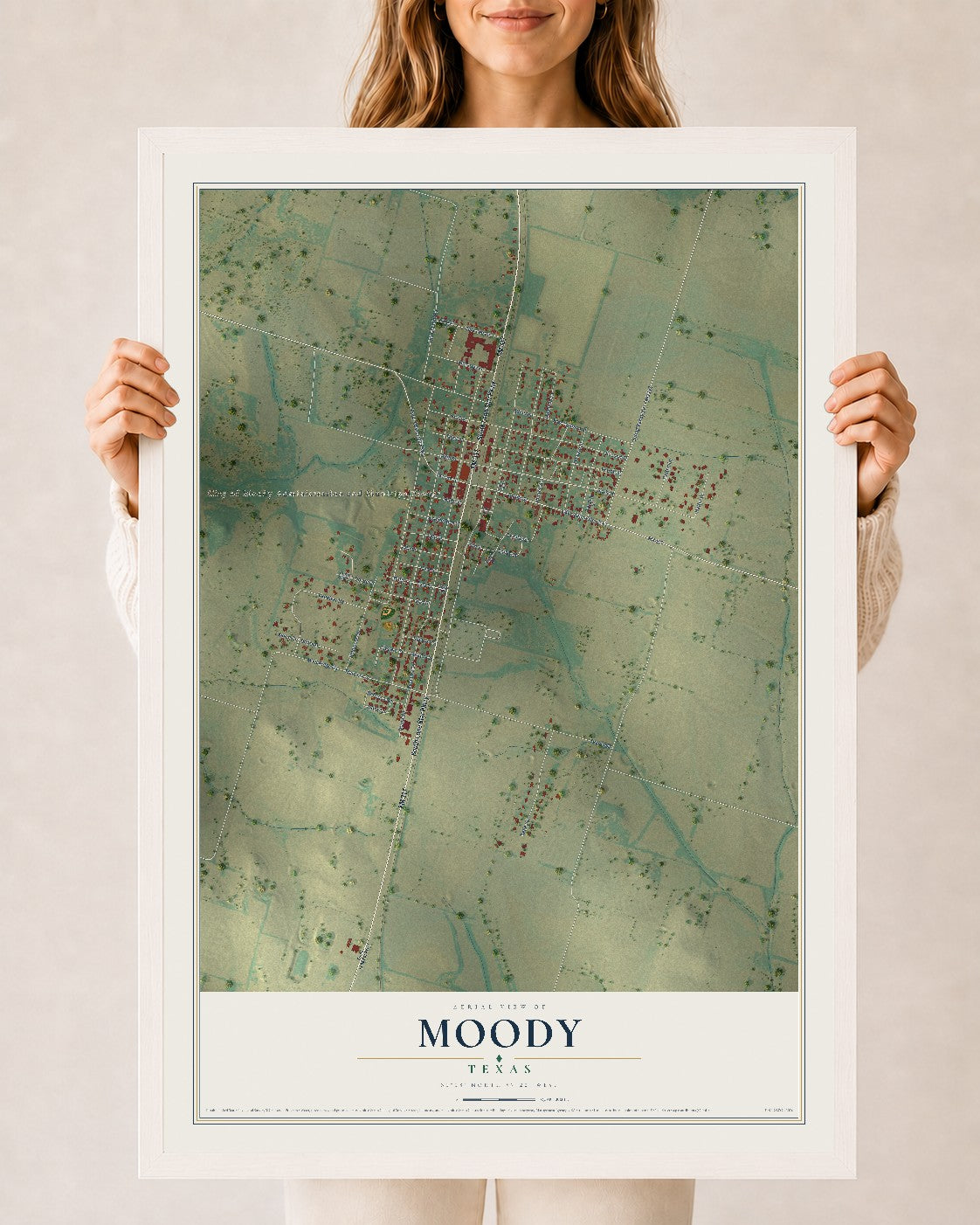 Map of Moody, Texas, 24 x 36 inch print in a white wood frame