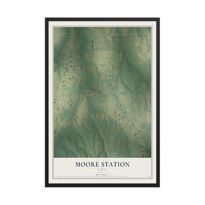 Map of Moore Station, Texas, 12 x 18 inch print in a black wood frame